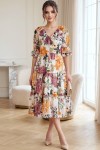 Rochie Raluca din voal ivoire cu imprimeu floral și volane