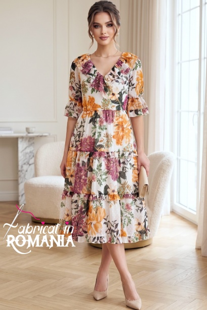 Rochie Raluca din voal ivoire cu imprimeu floral și volane