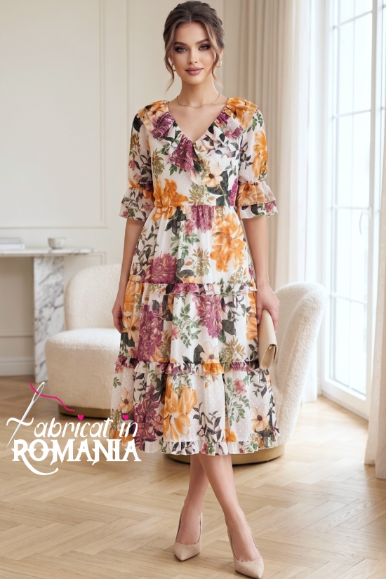 Rochie Raluca din voal ivoire cu imprimeu floral și volane