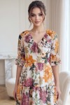 Rochie Raluca din voal ivoire cu imprimeu floral și volane