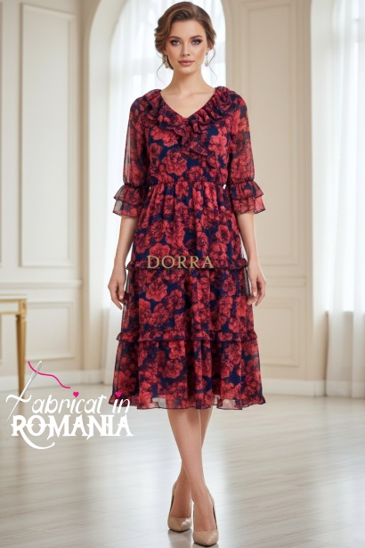 Rochie Raluca din voal bleumarin cu flori rosii, maneca 3/4 si volane