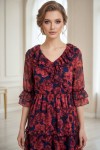 Rochie Raluca din voal bleumarin cu flori rosii, maneca 3/4 si volane