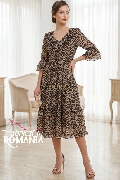 Rochie midi Raluca din voal cu imprimeu flori mici și volane