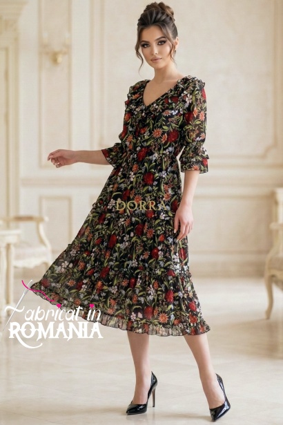 Rochie Raluca din voal negru cu imprimeu floral multicolor si volane