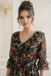 Rochie Raluca din voal negru cu imprimeu floral multicolor si volane
