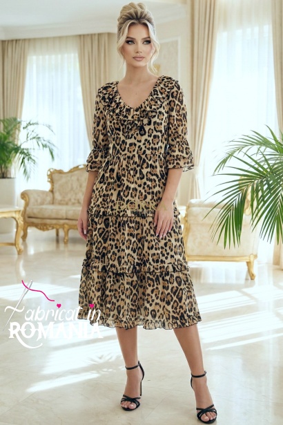 Rochie Raluca din voal animal print, cu incretituri in talie si volane