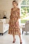 Rochie midi Raluca din voal bej cu imprimeu floral și volane