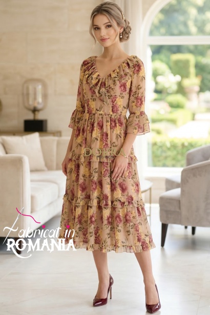 Rochie midi Raluca din voal bej cu imprimeu floral și volane