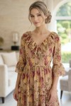 Rochie midi Raluca din voal bej cu imprimeu floral și volane