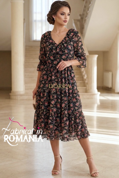 Rochie midi Raluca din voal cu imprimeu flori roz și volane