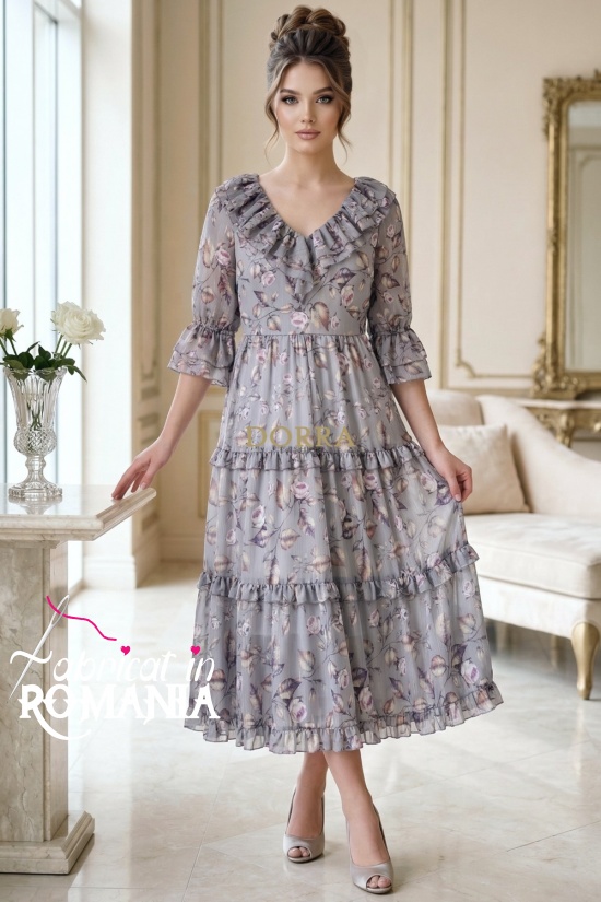 Rochie Raluca din voal gri imprimat, fir lamé și volane