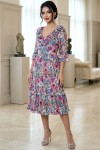 Rochie midi Raluca din mătăsică cu imprimeu flori ciclame / albastre, volane și fermoar