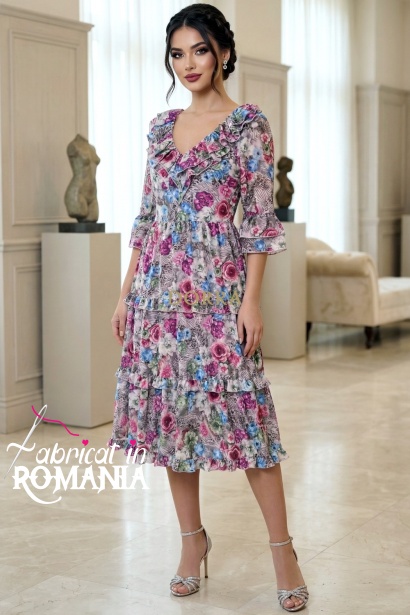 Rochie midi Raluca din mătăsică cu imprimeu flori ciclame / albastre, volane și fermoar