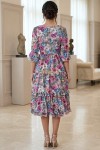 Rochie midi Raluca din mătăsică cu imprimeu flori ciclame / albastre, volane și fermoar