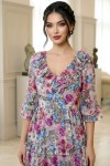 Rochie midi Raluca din mătăsică cu imprimeu flori ciclame / albastre, volane și fermoar