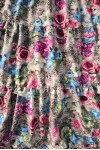 Rochie midi Raluca din mătăsică cu imprimeu flori ciclame / albastre, volane și fermoar