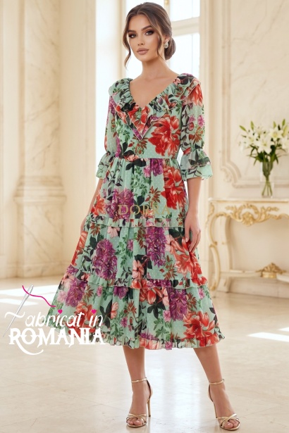 Rochie midi Raluca din tripluvoal verde cu imprimeu floral, căptușeală și volane