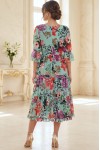 Rochie midi Raluca din tripluvoal verde cu imprimeu floral, căptușeală și volane
