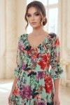 Rochie midi Raluca din tripluvoal verde cu imprimeu floral, căptușeală și volane