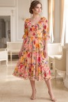 Rochie midi Raluca din tripluvoal portocaliu cu imprimeu floral, căptușeală și volane