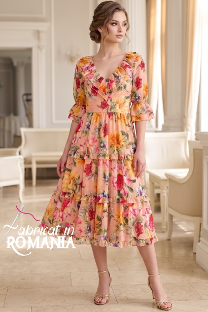 Rochie midi Raluca din tripluvoal portocaliu cu imprimeu floral, căptușeală și volane