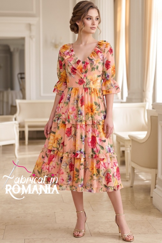 Rochie midi Raluca din tripluvoal portocaliu cu imprimeu floral, căptușeală și volane