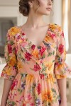 Rochie midi Raluca din tripluvoal portocaliu cu imprimeu floral, căptușeală și volane