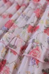 Rochie midi Raluca din voal roz cu imprimeu floral și fir lamé, căptușeală și volane