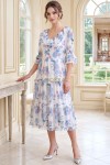 Rochie midi Raluca din voal alb cu imprimeu floral, căptușeală și volane