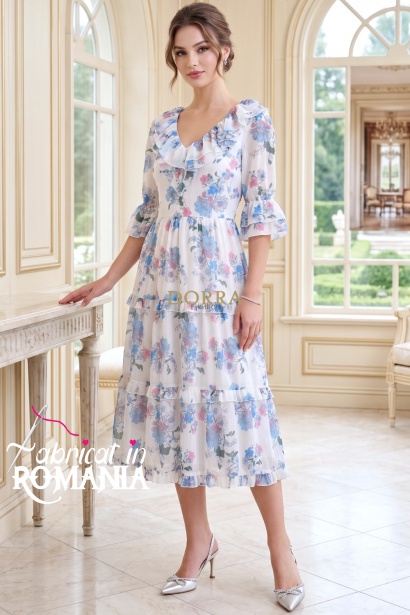 Rochie midi Raluca din voal alb cu imprimeu floral, căptușeală și volane
