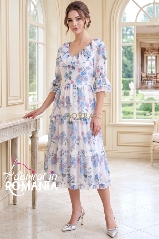 Rochie midi Raluca din voal alb cu imprimeu floral, căptușeală și volane