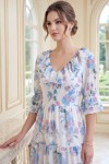 Rochie midi Raluca din voal alb cu imprimeu floral, căptușeală și volane