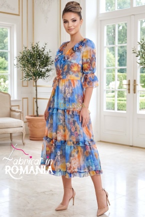 Rochie midi Raluca din voal albastru cu imprimeu portocaliu, căptușeală și volane