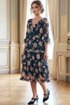 Rochie midi Raluca din voal verde cu imprimeu floral, fir lame, căptușeală și volane