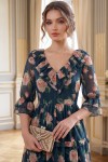 Rochie midi Raluca din voal verde cu imprimeu floral, fir lame, căptușeală și volane
