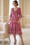Rochie Raluca din tripluvoal cu imprimeu floral alb/roșu, mânecă 3/4 și volane