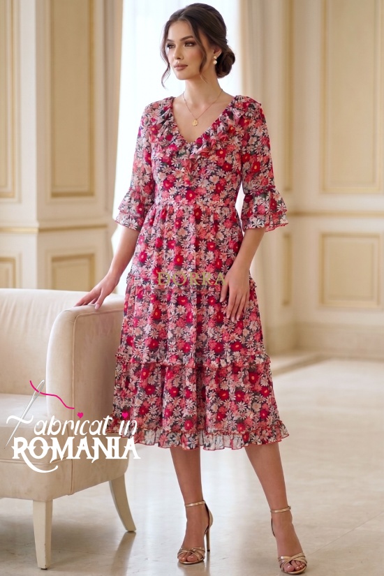 Rochie Raluca din tripluvoal cu imprimeu floral alb/roșu, mânecă 3/4 și volane