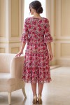 Rochie Raluca din tripluvoal cu imprimeu floral alb/roșu, mânecă 3/4 și volane