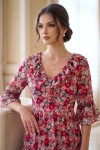 Rochie Raluca din tripluvoal cu imprimeu floral alb/roșu, mânecă 3/4 și volane