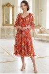 Rochie midi Raluca din tripluvoal portocaliu închis cu imprimeu floral, căptușeală și volane