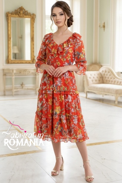 Rochie midi Raluca din tripluvoal portocaliu închis cu imprimeu floral, căptușeală și volane