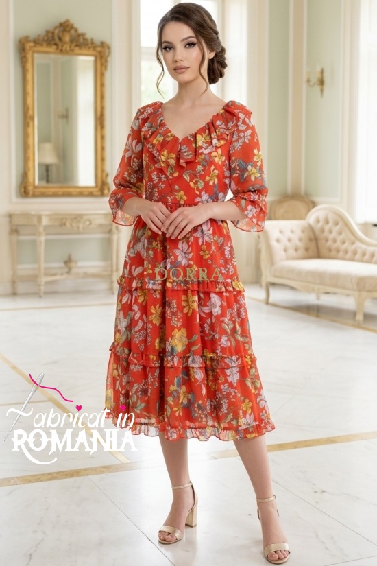 Rochie midi Raluca din tripluvoal portocaliu închis cu imprimeu floral, căptușeală și volane