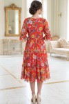 Rochie midi Raluca din tripluvoal portocaliu închis cu imprimeu floral, căptușeală și volane