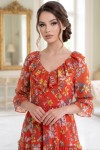 Rochie midi Raluca din tripluvoal portocaliu închis cu imprimeu floral, căptușeală și volane