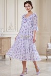 Rochie midi Raluca din voal alb cu imprimeu floral lila, fir lamé, căptușeală și volane