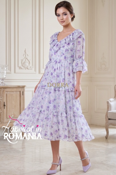 Rochie midi Raluca din voal alb cu imprimeu floral lila, fir lamé, căptușeală și volane
