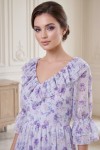 Rochie midi Raluca din voal alb cu imprimeu floral lila, fir lamé, căptușeală și volane
