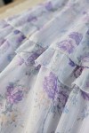 Rochie midi Raluca din voal alb cu imprimeu floral lila, fir lamé, căptușeală și volane