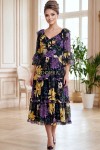 Rochie midi Raluca din voal negru cu imprimeu floral mov, căptușeală și volane