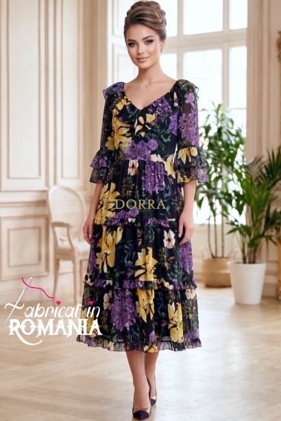 Rochie midi Raluca din voal negru cu imprimeu floral mov, căptușeală și volane